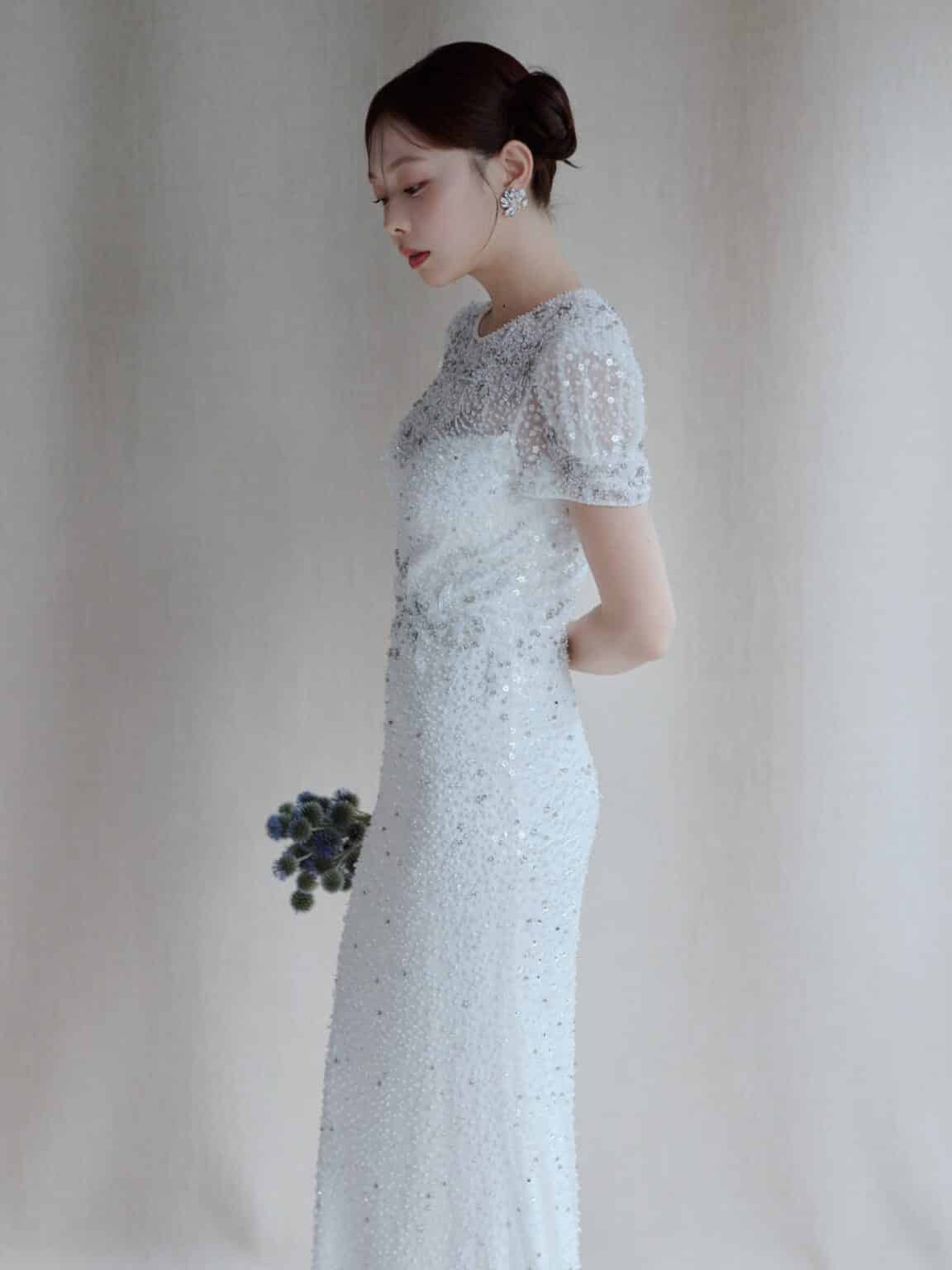 Brand：Jenny Packham Dress No. 03-20874 スレンダーライン ジェニーパッカム ビーディング シークイン 半袖 チュール 袖付きドレス JUNO ジュノ JPB982 TABITHA