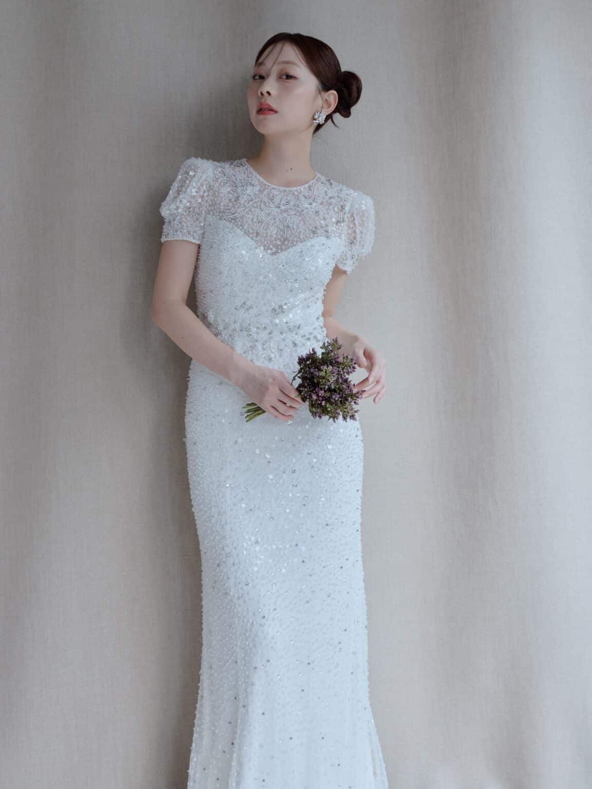 Brand：Jenny Packham Dress No. 03-20874 スレンダーライン ジェニーパッカム ビーディング シークイン 半袖 チュール 袖付きドレス JUNO ジュノ JPB982 TABITHA