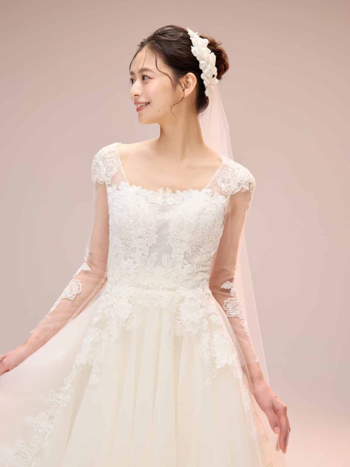 エスム esum ウェディングドレス weddingdress wedding dress フラワーレース レースボレロ ロングスリーブ Aライン チュールドレス フェミニンドレス