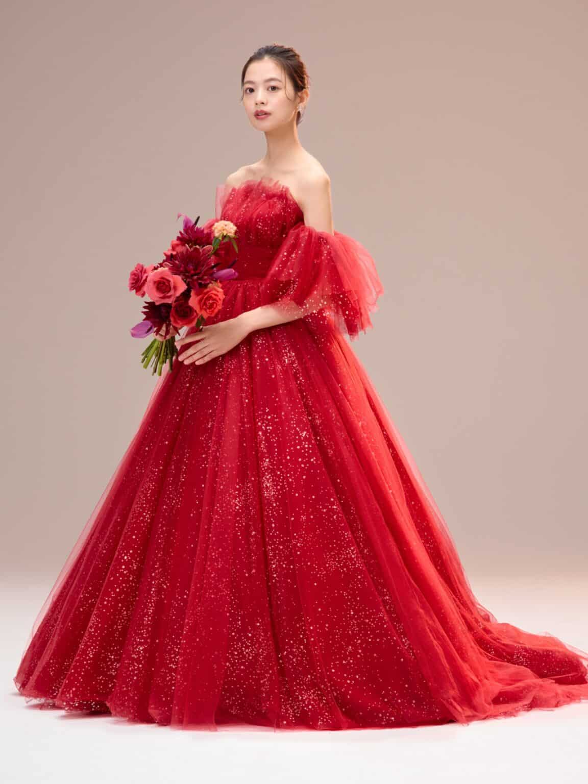 CECIL 04-12243 レッドドレス 暖色系ドレス カラードレス赤 esumエスム オリジナルドレス グリッター チュールドレス オフショルダー ホテルウェディング ボリュームドレス お色直し 結婚式