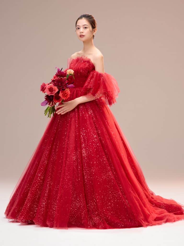 CECIL 04-12243 レッドドレス 暖色系ドレス カラードレス赤 esumエスム オリジナルドレス グリッター チュールドレス オフショルダー ホテルウェディング ボリュームドレス お色直し 結婚式