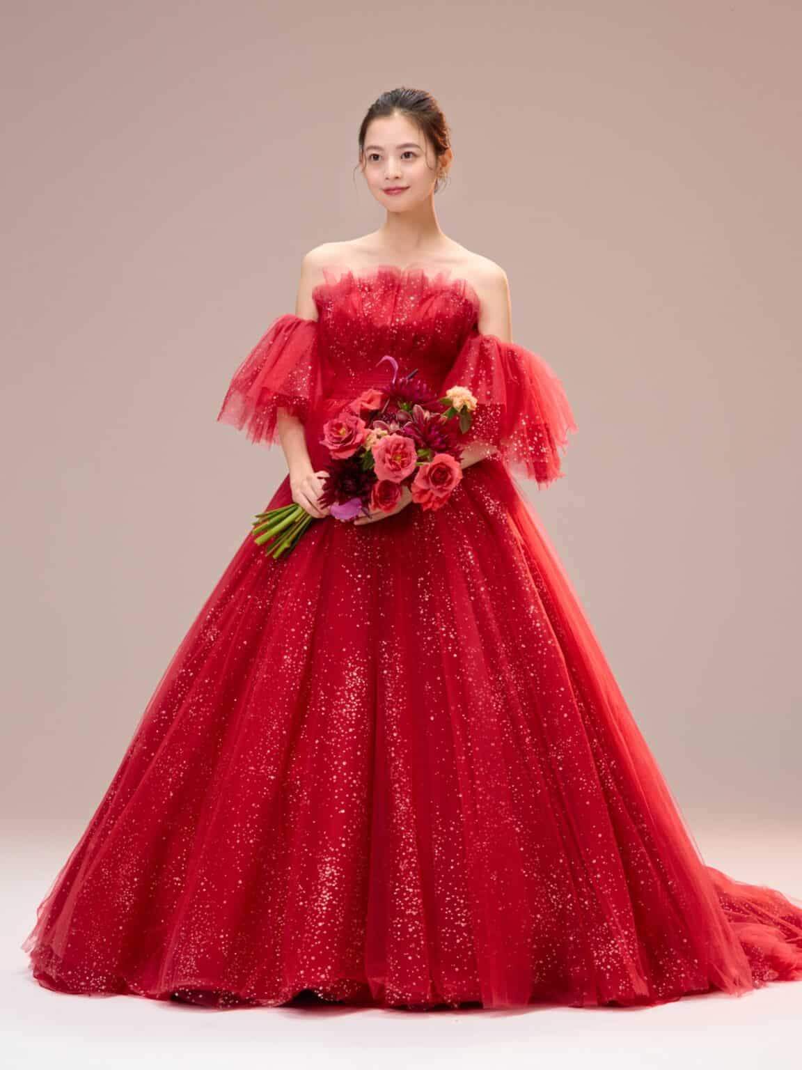 CECIL 04-12243 レッドドレス 暖色系ドレス カラードレス赤 esumエスム オリジナルドレス グリッター チュールドレス オフショルダー ホテルウェディング ボリュームドレス お色直し 結婚式