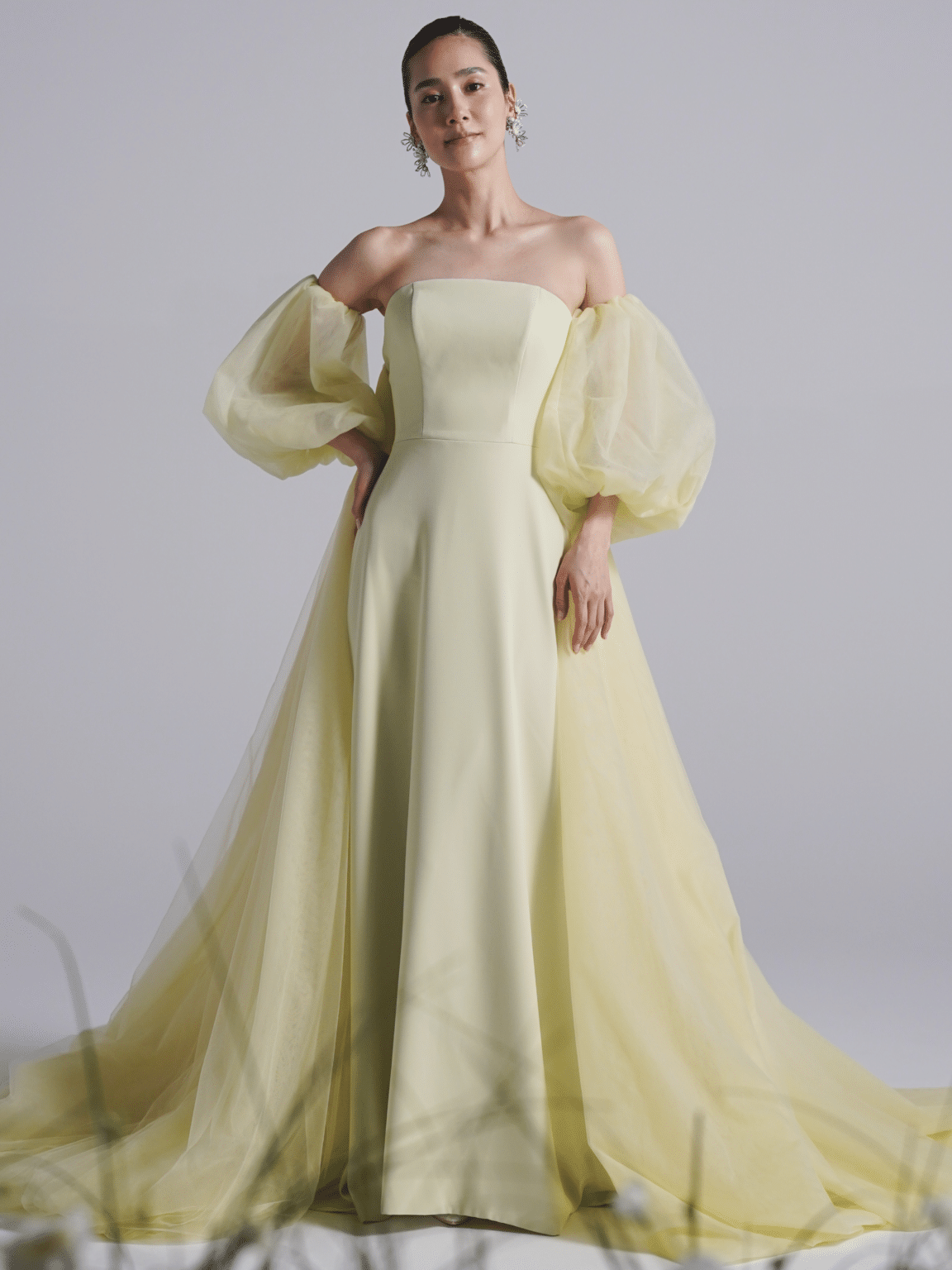 Leaf for Brides リーフフォーブライズ カラードレス YELLOW イエロードレス 黄色ドレス お色直し FB Fiore Bianca フィオーレBIANCA 結婚式 チュール スレンダードレス ペールトーンドレス パステルカラー フリルショール 2way プリンセスライン ボリュームパフスリーブ パフスリーブ 袖付きドレス ロングトレーン トレーン