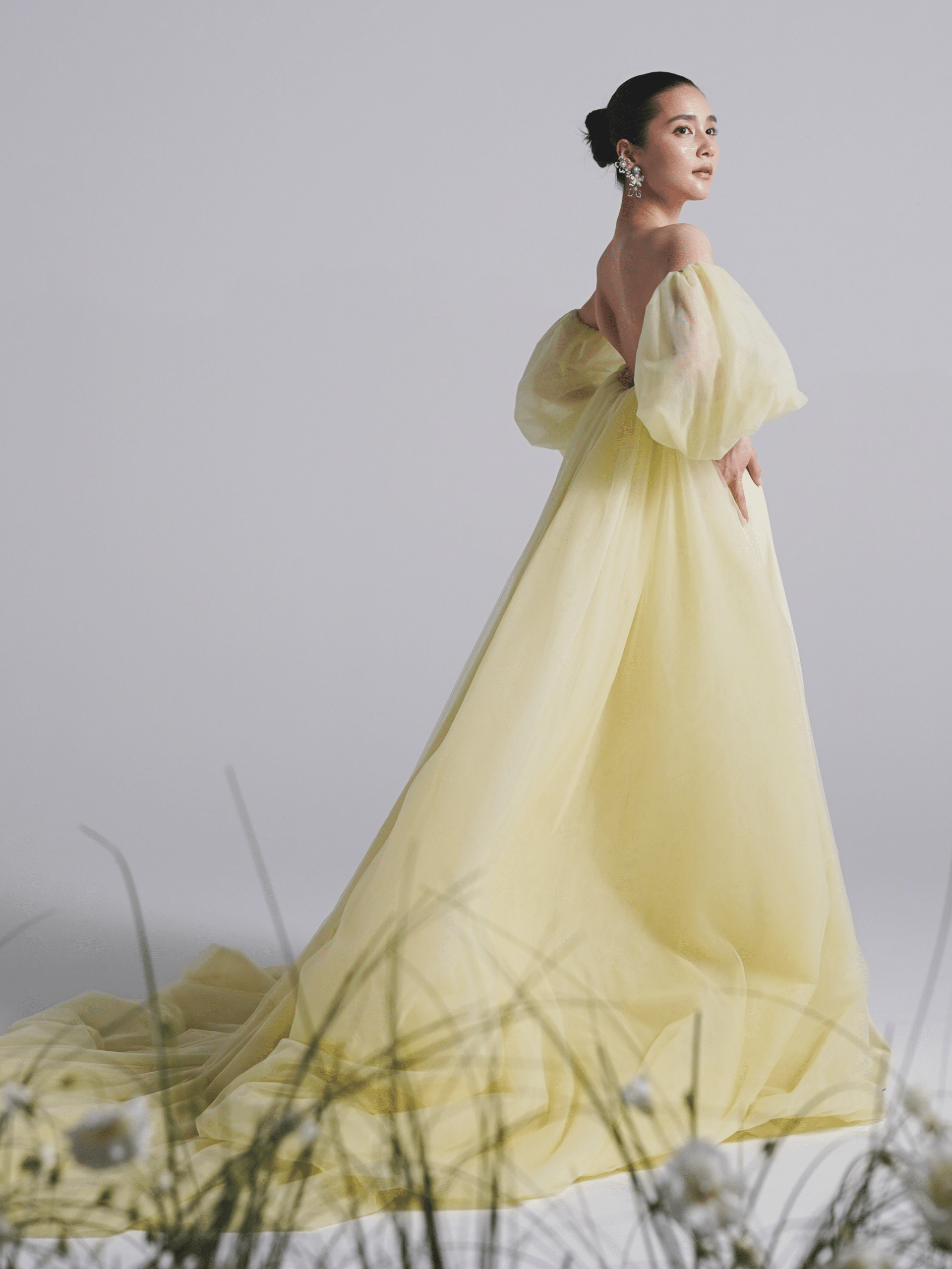 Leaf for Brides リーフフォーブライズ カラードレス YELLOW イエロードレス 黄色ドレス お色直し FB Fiore Bianca フィオーレBIANCA 結婚式 チュール スレンダードレス ペールトーンドレス パステルカラー フリルショール 2way プリンセスライン ボリュームパフスリーブ パフスリーブ 袖付きドレス ロングトレーン トレーン