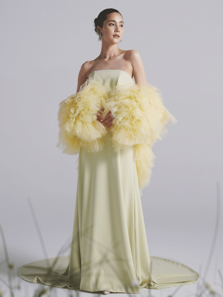 Leaf for Brides リーフフォーブライズ カラードレス YELLOW イエロードレス 黄色ドレス お色直し JUNO ジュノ 結婚式 チュール スレンダードレス ペールトーンドレス パステルカラー フリルショール 2way
