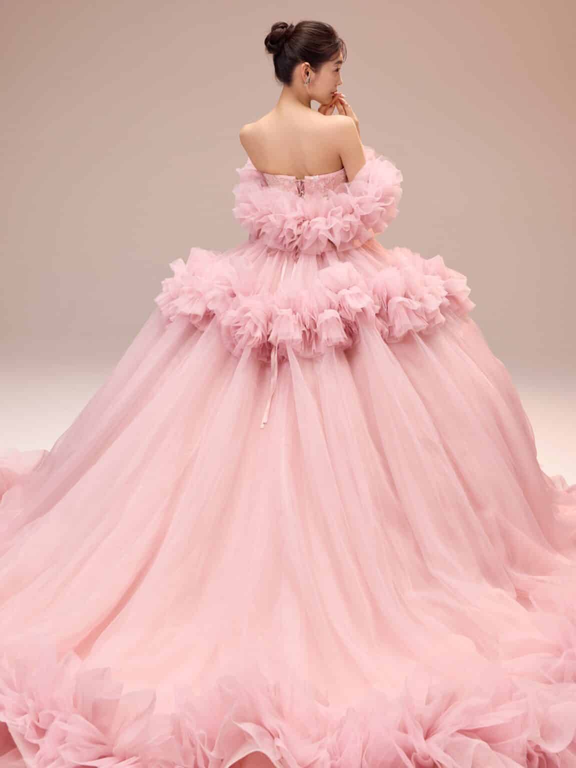 04-0368 Emile (エミール) ドームライン ボリュームドレス チュール ピンクドレス ピンク PINK コーラルピンク フリルスリーブ フリルスカート オフショルダー エスム esum オーガンジー