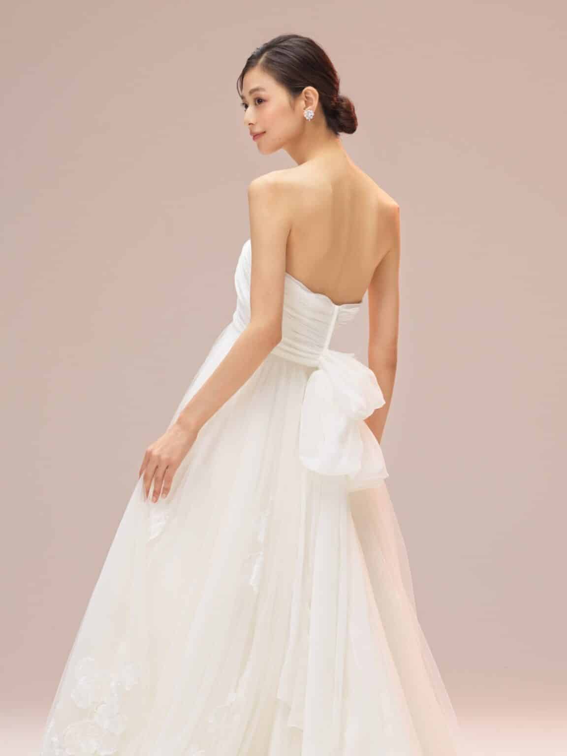 esum エスム ウェディングドレス wedding dress 結婚式 ジョーゼット リボン ベール チュールスカート エンパイアライン チュールドレス ナチュラルドレス レース トルコレース ナチュラルウェディング スタイルアップ